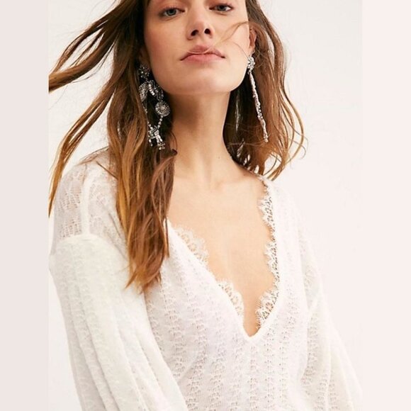 NWT Free People Dreamgirl Top Ivory White Knit Lace Size Large Bohemian New Boho - Picture 4 of 7